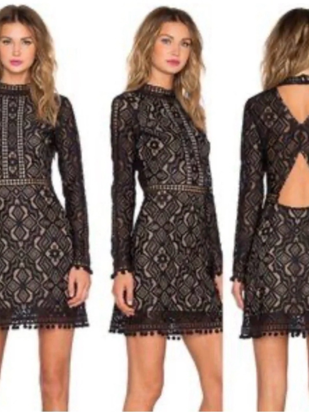 EUC For Love & Lemons Black Lace Long-Sleeve Bodycon Mini Dress Size Small